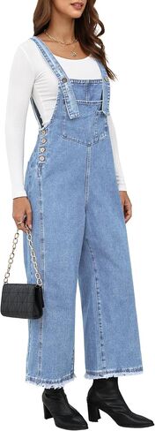 Denim Overalls for Women Jean Bib Wide Leg Raw Hem Button Adjustable Straps Loose Fit Baggy Jumpsuit Jumpers in Saudi Arabia