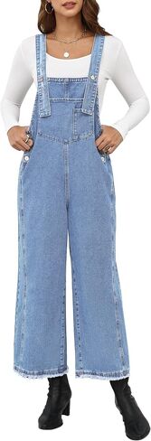 Denim Overalls for Women Jean Bib Wide Leg Raw Hem Button Adjustable Straps Loose Fit Baggy Jumpsuit Jumpers in Saudi Arabia