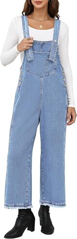 Denim Overalls for Women Jean Bib Wide Leg Raw Hem Button Adjustable Straps Loose Fit Baggy Jumpsuit Jumpers in Saudi Arabia