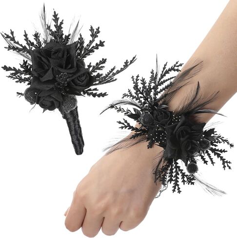 مجموعة corsage و boutonniere - معصم أسود للرجال حفلة موسيقية معصم الظلام لحفل زفاف القوطي in Saudi Arabia