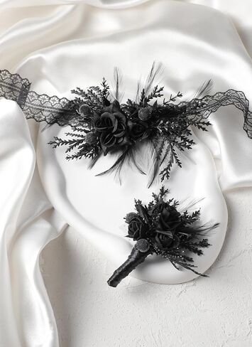 مجموعة corsage و boutonniere - معصم أسود للرجال حفلة موسيقية معصم الظلام لحفل زفاف القوطي in Saudi Arabia