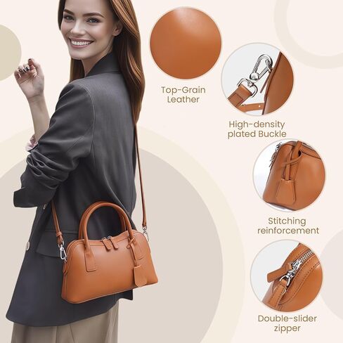 Genuine Leather shoulder Bag for Women with Top Handle， Satchel purse Bowler Handbags with zipper closure in Kuwait