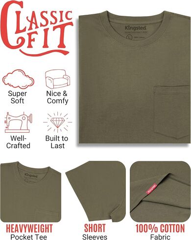 قمصان جيب Kingsted للوزن الثقيل للرجال - Tees Crewneck Crewneck Super Super 100 ٪ - تناسب الراحة الكلاسيكية المصنوعة جيدًا in Kuwait