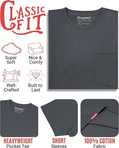 قمصان جيب Kingsted للوزن الثقيل للرجال - Tees Crewneck Crewneck Super Super 100 ٪ - تناسب الراحة الكلاسيكية المصنوعة جيدًا in Kuwait