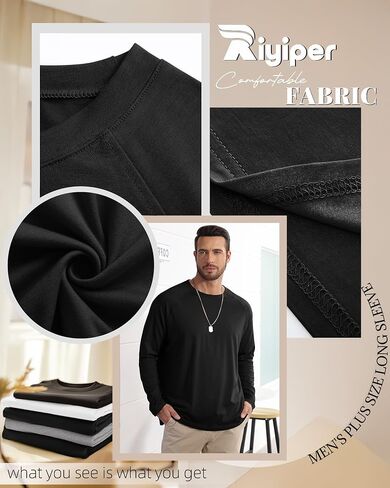 Riyiper 5 Pack Mens Big and Tall Shirts Cotton Long Raglan Sleeve Top Casual Basic Shirt Crewneck Oversized Multipack Tee in Saudi Arabia