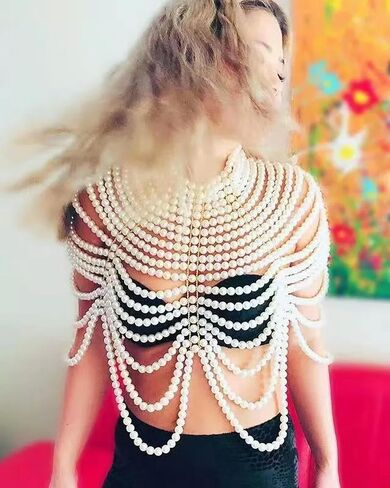 Women Pearl Neck Chain Chest Sweater Chain Shoulder Chain Pearl Body Chain in Saudi Arabia