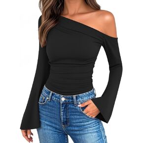 قمصات Zesica Women Off Tops Bell Long Sleeve Derts 2025 Fall Estrendy Out Ruched Stide Mitted Y2K Cloths in Kuwait