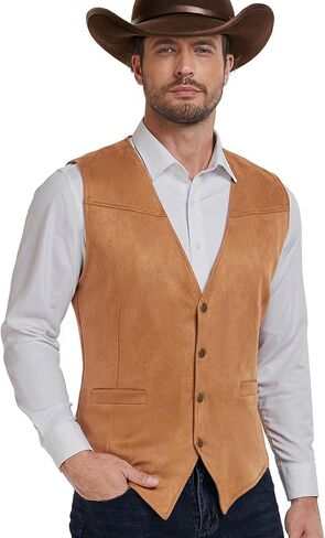 Century Star Men's Suede Leather Cowboy Vest Western Suit Casual Dress Wedding Slim Fit Waistcoat Renaissance Pirate Medieval in Saudi Arabia
