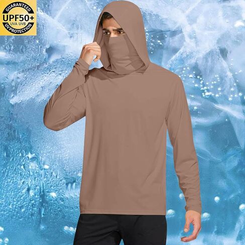Mens UPF 50+ Sun Protection Shirt with Mask Lightweight Long Sleeve Hooded Cooling Hiking Fishing Performance Shirts in Saudi Arabia
