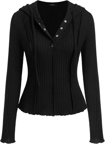 CIDER Womens Ribbed Knit Hoodie Long Sleeve Button Down Stylish Going Out Crop Top in Saudi Arabia