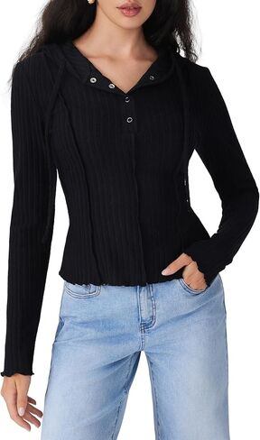 CIDER Womens Ribbed Knit Hoodie Long Sleeve Button Down Stylish Going Out Crop Top in Saudi Arabia