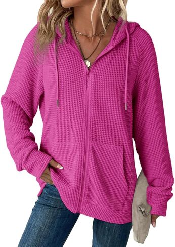 Dokotoo Women's Full Zip Up Hoodies Waffle Knit Long Sleeve Drawstring Casual Sweatshirt Hooded Tops in Saudi Arabia