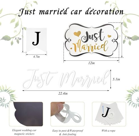4 PCS Just Married Car Decorations, Bridal Magnets Window Decal Hanging Sign Banner Decor, Removable Just Married Honeymoon Wedding Sticker for Car Window Door Tailgate in Saudi Arabia