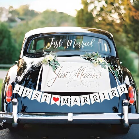 4 PCS Just Married Car Decorations, Bridal Magnets Window Decal Hanging Sign Banner Decor, Removable Just Married Honeymoon Wedding Sticker for Car Window Door Tailgate in Saudi Arabia