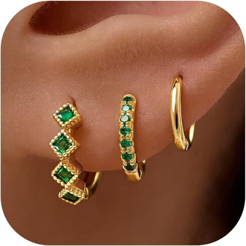 3 Pairs Gold Green Huggie Earrings for Women Stackable, Small Dainty Cartilage Helix Hoops & Hypoallergenic Earring Set, Cute Western Trendy Fashion Jewelry Gifts in Saudi Arabia