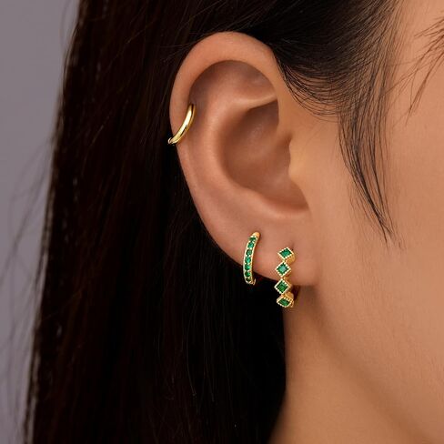 3 Pairs Gold Green Huggie Earrings for Women Stackable, Small Dainty Cartilage Helix Hoops & Hypoallergenic Earring Set, Cute Western Trendy Fashion Jewelry Gifts in Saudi Arabia