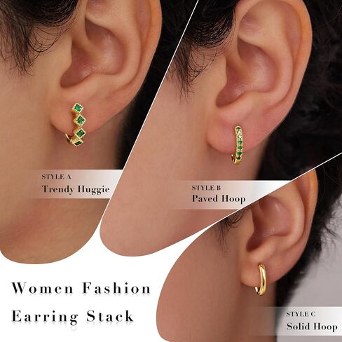 3 Pairs Gold Green Huggie Earrings for Women Stackable, Small Dainty Cartilage Helix Hoops & Hypoallergenic Earring Set, Cute Western Trendy Fashion Jewelry Gifts in Saudi Arabia