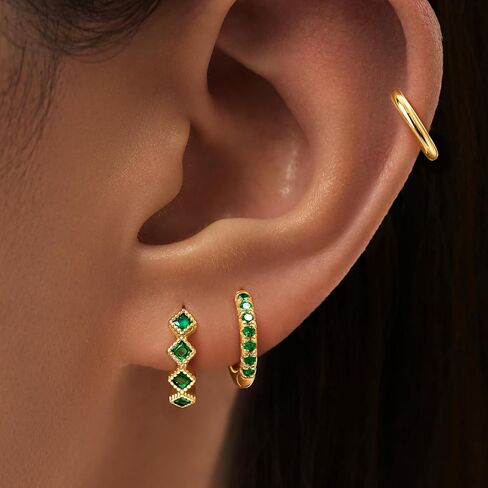 3 Pairs Gold Green Huggie Earrings for Women Stackable, Small Dainty Cartilage Helix Hoops & Hypoallergenic Earring Set, Cute Western Trendy Fashion Jewelry Gifts in Saudi Arabia