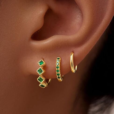 3 Pairs Gold Green Huggie Earrings for Women Stackable, Small Dainty Cartilage Helix Hoops & Hypoallergenic Earring Set, Cute Western Trendy Fashion Jewelry Gifts in Saudi Arabia