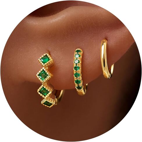 3 Pairs Gold Green Huggie Earrings for Women Stackable, Small Dainty Cartilage Helix Hoops & Hypoallergenic Earring Set, Cute Western Trendy Fashion Jewelry Gifts in Saudi Arabia