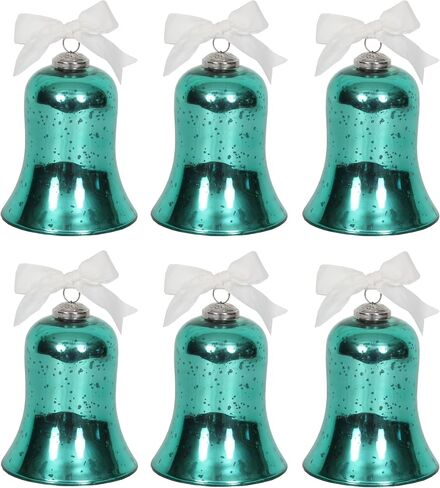 Set of 6 Pieces Christmas Hanging Bells, Ornaments, Holiday Décor, Christmas and Seasonal Gift 4 Inch Height x 3.5 Inch Width Mercury Glass (Blue) in Kuwait