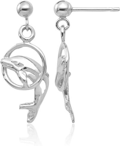 14K Solid White Gold Sea Dolphin Ocean Fish Beach Nautical Drop Dangle Earrings in Saudi Arabia