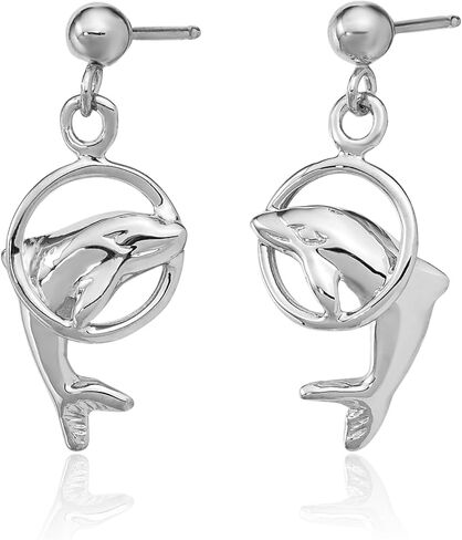 14K Solid White Gold Sea Dolphin Ocean Fish Beach Nautical Drop Dangle Earrings in Saudi Arabia