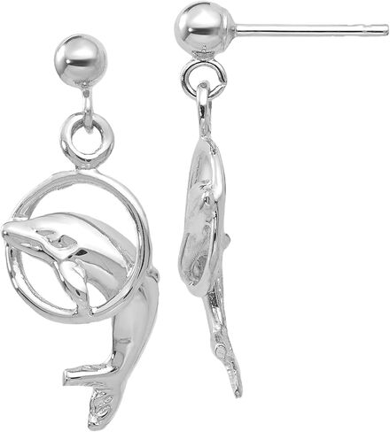 14K Solid White Gold Sea Dolphin Ocean Fish Beach Nautical Drop Dangle Earrings in Saudi Arabia