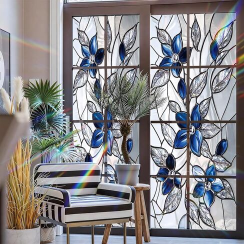 Stained Glass Window Privacy Film Static Cling - Rainbow Glass Decorative Sun Blocking Window Covering, Non-Adhesive Removable Stickers for Home & Office, 17.5" x 39.3" in Saudi Arabia