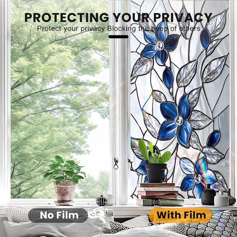 Stained Glass Window Privacy Film Static Cling - Rainbow Glass Decorative Sun Blocking Window Covering, Non-Adhesive Removable Stickers for Home & Office, 17.5" x 39.3" in Saudi Arabia