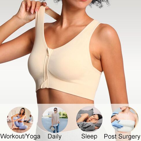 Lemef Front Zipper Sports Bras for Women Wirefree Post Surgery Bra Front Closure Racerback Compression Mastectomy Bras in Saudi Arabia