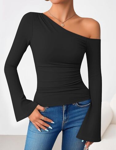 ZESICA Women's Off Shoulder Tops Bell Long Sleeve Shirts 2025 Fall Trendy Going Out Ruched Tight Fitted Y2K Clothes in Saudi Arabia