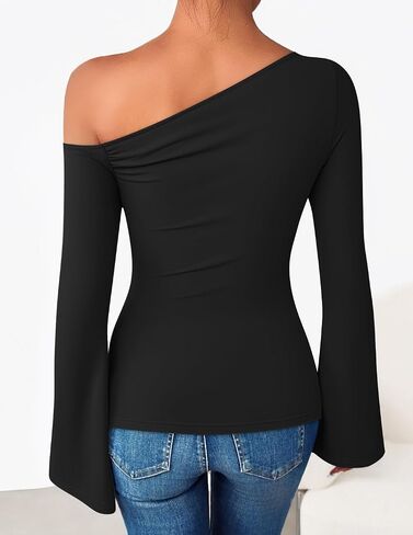 ZESICA Women's Off Shoulder Tops Bell Long Sleeve Shirts 2025 Fall Trendy Going Out Ruched Tight Fitted Y2K Clothes in Saudi Arabia