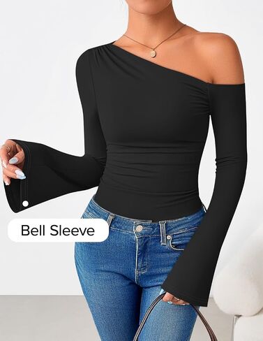 ZESICA Women's Off Shoulder Tops Bell Long Sleeve Shirts 2025 Fall Trendy Going Out Ruched Tight Fitted Y2K Clothes in Saudi Arabia