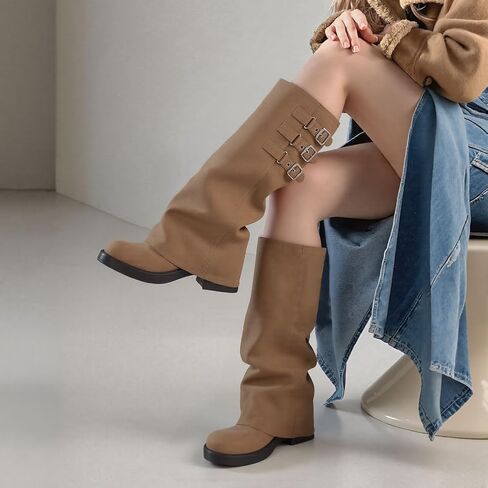 ركب الركبتين عالية الأحذية تسقط طية على أحذية طويلة - دراجة نارية ، سحاب مخفي ، مشبك الموضة ، منصة ، أخمص القدمين المربعة in Kuwait