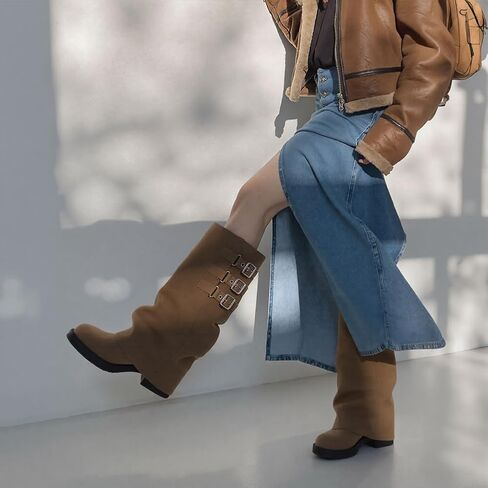 ركب الركبتين عالية الأحذية تسقط طية على أحذية طويلة - دراجة نارية ، سحاب مخفي ، مشبك الموضة ، منصة ، أخمص القدمين المربعة in Kuwait