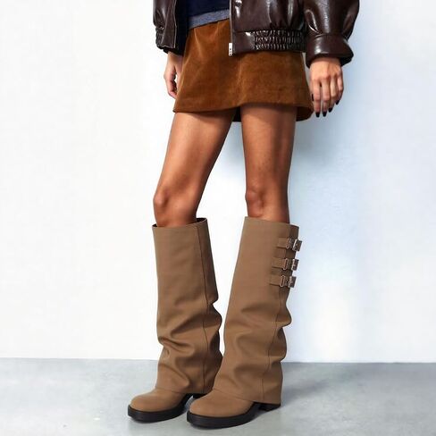 ركب الركبتين عالية الأحذية تسقط طية على أحذية طويلة - دراجة نارية ، سحاب مخفي ، مشبك الموضة ، منصة ، أخمص القدمين المربعة in Kuwait