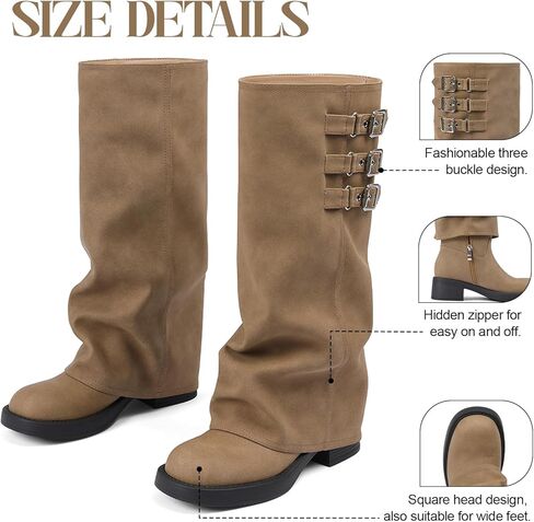 ركب الركبتين عالية الأحذية تسقط طية على أحذية طويلة - دراجة نارية ، سحاب مخفي ، مشبك الموضة ، منصة ، أخمص القدمين المربعة in Kuwait