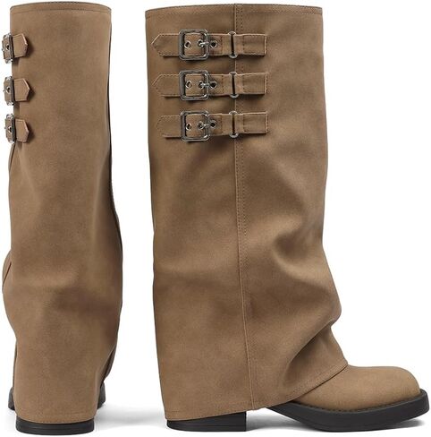 ركب الركبتين عالية الأحذية تسقط طية على أحذية طويلة - دراجة نارية ، سحاب مخفي ، مشبك الموضة ، منصة ، أخمص القدمين المربعة in Kuwait