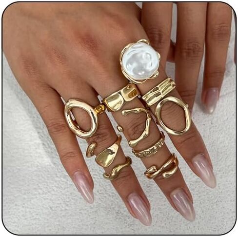 Chunky Gold/Silver Rings Set for Women Vintage Baroque Pearl Stackable Knuckle Rings Statement Irregularity liquid State Adjustable Rings Set Simple Fashion Jewellery in Kuwait
