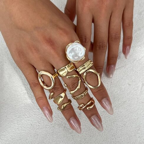 Chunky Gold/Silver Rings Set for Women Vintage Baroque Pearl Stackable Knuckle Rings Statement Irregularity liquid State Adjustable Rings Set Simple Fashion Jewellery in Kuwait