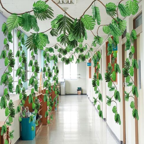 Preboun 2 Pcs 20ft Jungle Theme Party Decorations Tropical Rainforest Leaves Safari Artificial Rattan Decorations with 100 Pcs Fake Tropical Palm Leaves for Indoor Outdoor Forest Garden Party Decor in Saudi Arabia