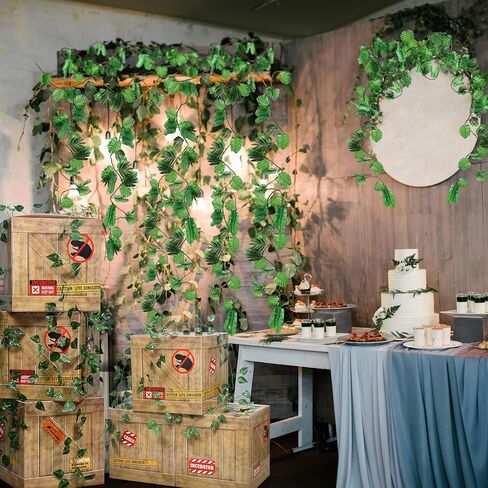 Preboun 2 Pcs 20ft Jungle Theme Party Decorations Tropical Rainforest Leaves Safari Artificial Rattan Decorations with 100 Pcs Fake Tropical Palm Leaves for Indoor Outdoor Forest Garden Party Decor in Saudi Arabia