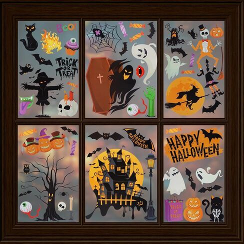 Halloween Window Clings 6 Sheets Halloween Window Stickers Decals with Ghost, Spider, Witch & Haunted House for Glass, Fridge & Smooth Surfaces Spooky Holiday Decorations Gifts in Saudi Arabia