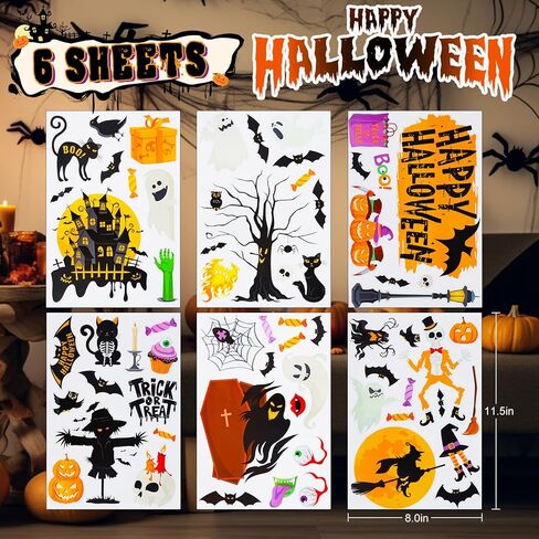 Halloween Window Clings 6 Sheets Halloween Window Stickers Decals with Ghost, Spider, Witch & Haunted House for Glass, Fridge & Smooth Surfaces Spooky Holiday Decorations Gifts in Saudi Arabia