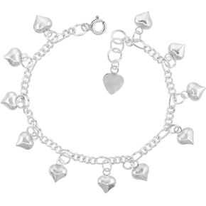 Sterling Silver Dangling Puffy Hearts Charm Bracelet for Women 15mm drop fits 7-8 inch wrists in Kuwait