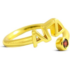 متجر نادي نسائي Alpha Gamma Delta Ring- خاتم ملفوف مطلي بالذهب 18 كيلو متر مع Garnet Gemstone و Alpha Gamma Delta Greek Letters ، Home Jewelry Gift in Kuwait