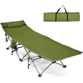 Goplus Folding Camping Cot, 27.5" Sleeping Cot for Adults with Carry Bag, 600LBS Weight Capacity, Slanted Head, Side Pocket, Heavy Duty Portable Camping Bed for Kids, Beach, Office Snap (Green) in Kuwait