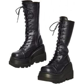 Womens Platform Mid Calf Combat Boots Wedges Chunky Booties Punk Combat Boots For Women Goth Motorcycle Booties in Saudi Arabia