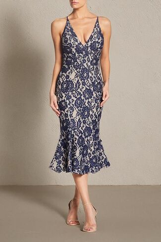 Dress the Population Women's Isabelle Plunging Spaghetti Strap Mermaid Fitted Midi Dress in Saudi Arabia